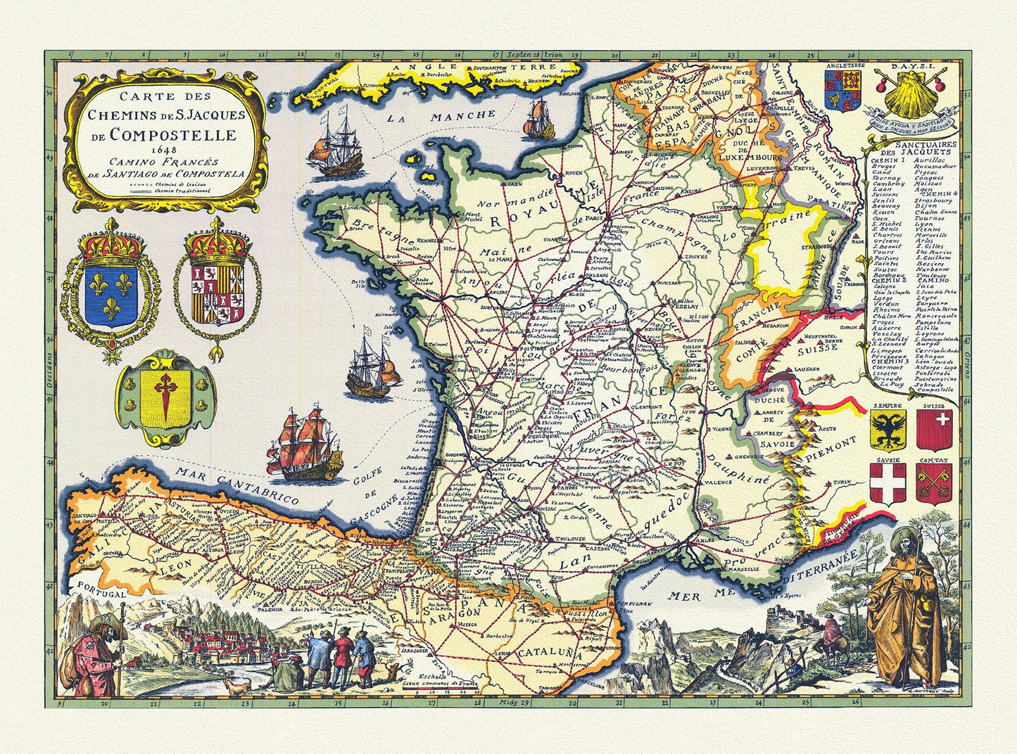 Europe: France: Carte des chemins de S. Jacques de Compostelle, 1648 Camino Francés de Santiago de Compostela,Derveaux - The Map Chest