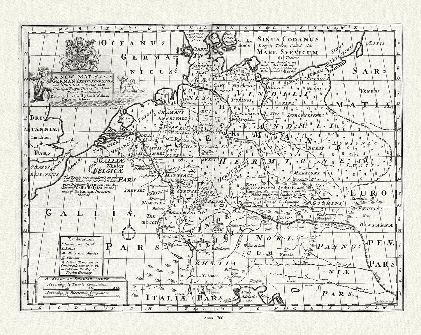 Europe: Germany: A New Map of Antient Germany, Rhaeia, Vindelicia, and Noricum, Wells auth., 1700 - The Map Chest