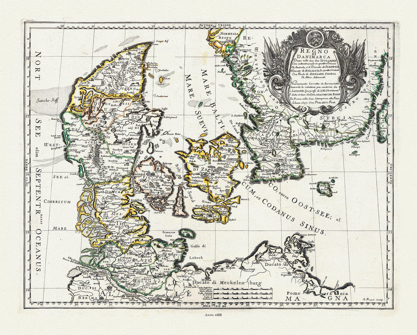 Europe: Low Countries: Giovanni Giacomo de Rossi, Regno di Danimarca ( Denmark ), 1688 - The Map Chest