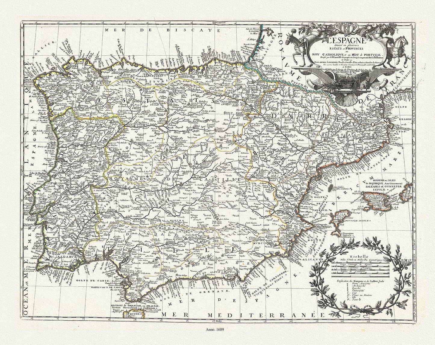 Europe: Spain & Portugal: E L'Espagne diviseé en plusieurs estats et provinces au Roy Catholique, et au Roy de Portugal, Nolin auth., 1689 - The Map Chest