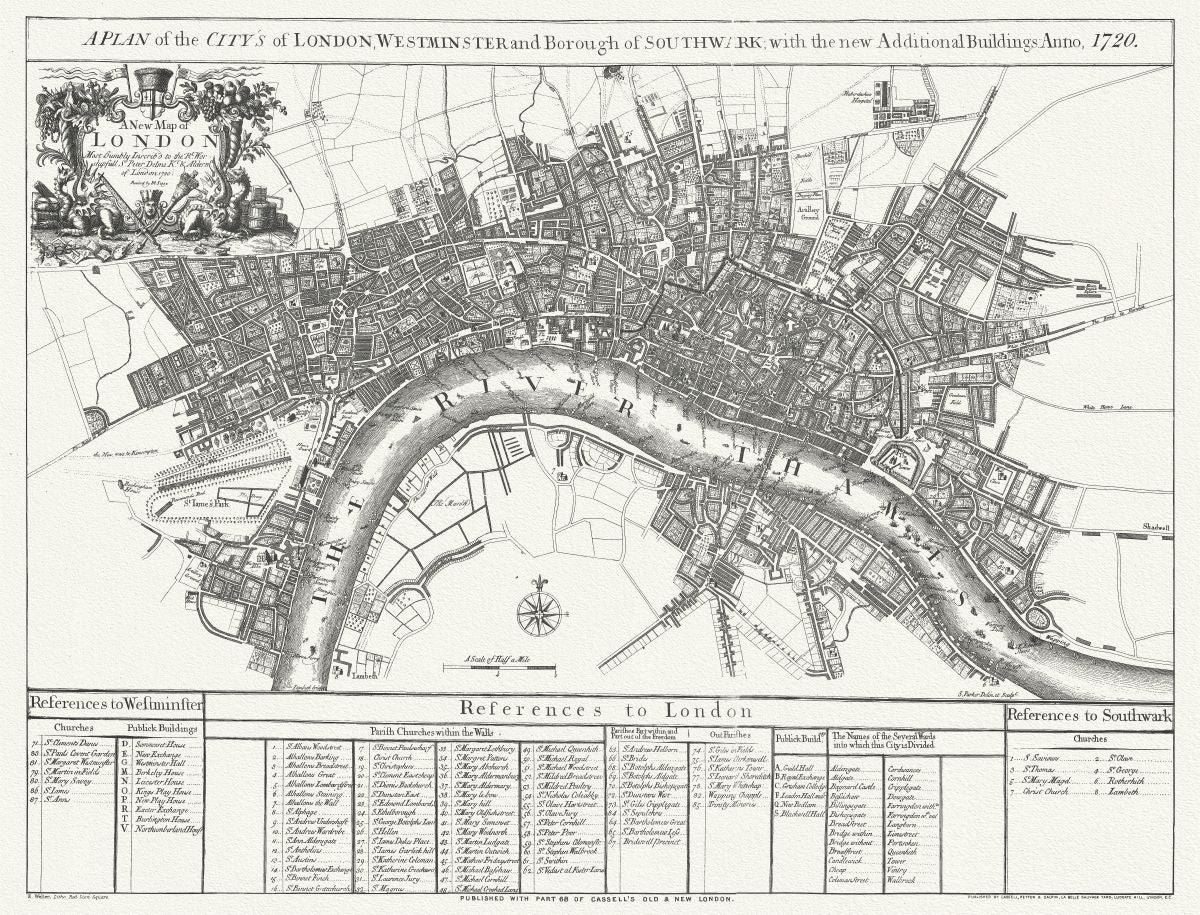 Europe: United Kingdom: England: City London: A Plan of the City's of London, Westminster and Borough of Southwark; with the new additional buildings, 1720, Senex auth. - The Map Chest