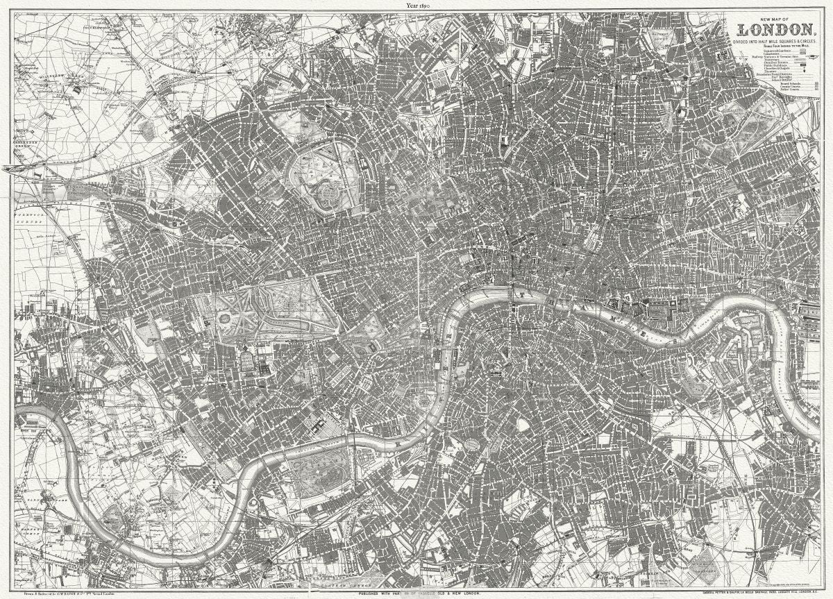 Europe: United Kingdom: England: City of London: New map of London, divided into half mile squares & circles, 1890 - The Map Chest