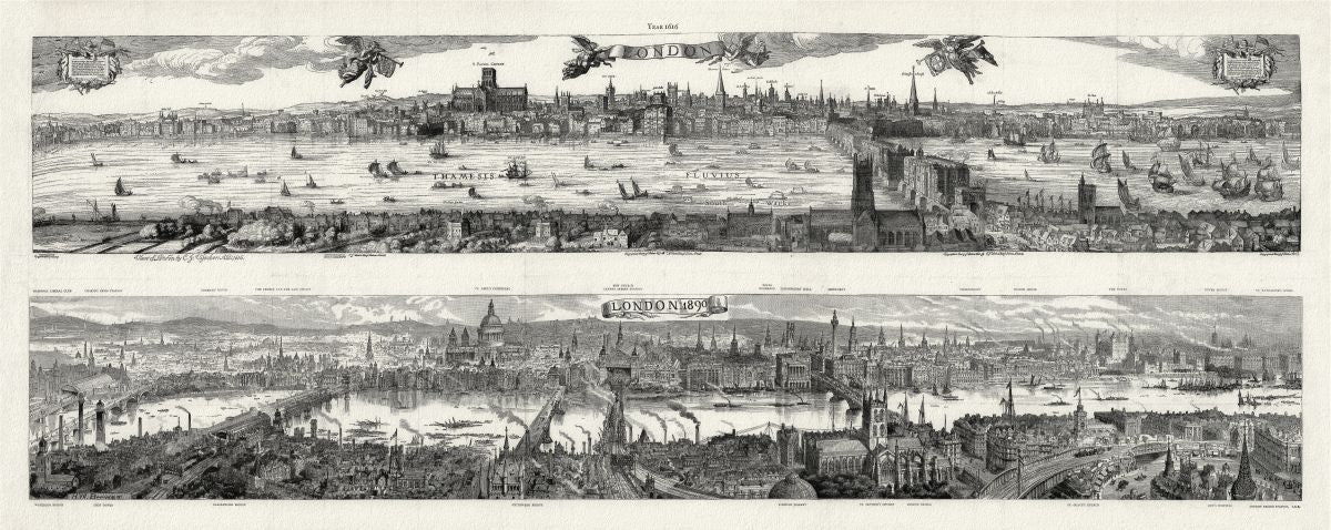 Europe: United Kingdom: England: City of London: Two Bird's Eye Views of London in the Year 1616 (Visscher) and 1890 (Brewer) - The Map Chest
