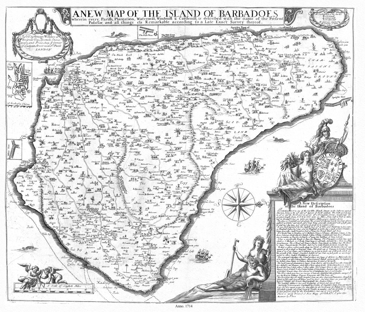 Middle Central America: A new map of the island of Barbadoes, 1714 Ver. BW - The Map Chest