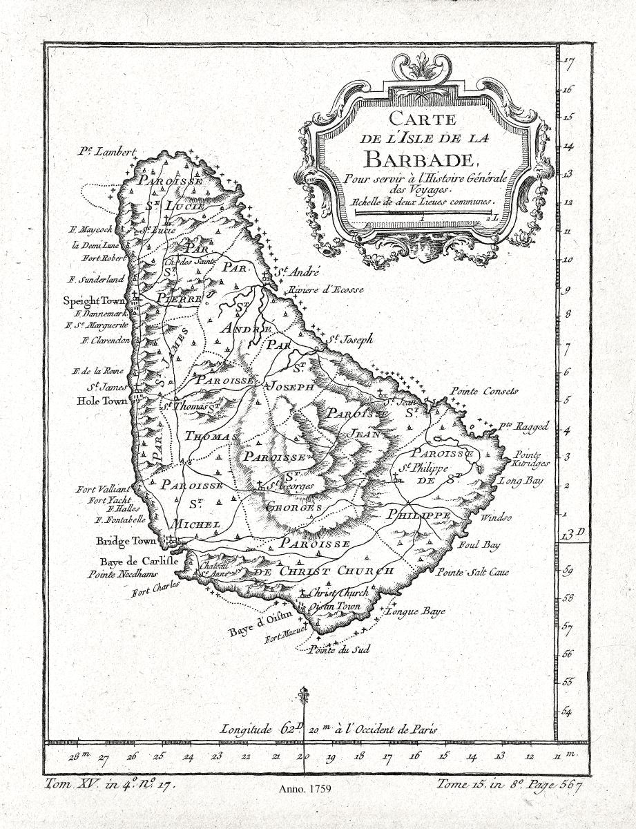 Middle Central America: Isle de la Barbade, 1759 Ver. BW - The Map Chest