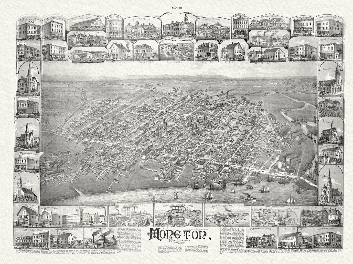 Moncton, New Brunswick, A Bird's Eye View, 1888 - The Map Chest