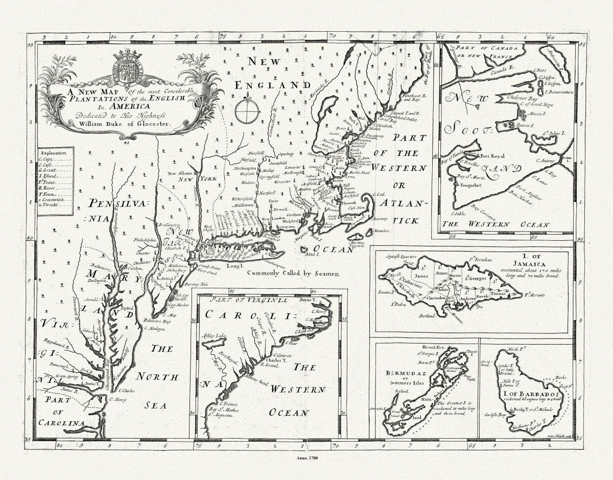 North America: A New Map of the Most Considerable Plantations of the English in America, Wells auth., 1700 - The Map Chest