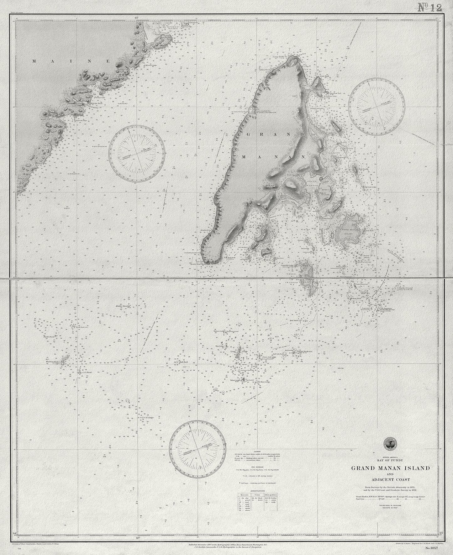 North America, Bay of Fundy, Grand Manan Island and adjacent coast from surveys by the British Admiralty in 1855 - The Map Chest