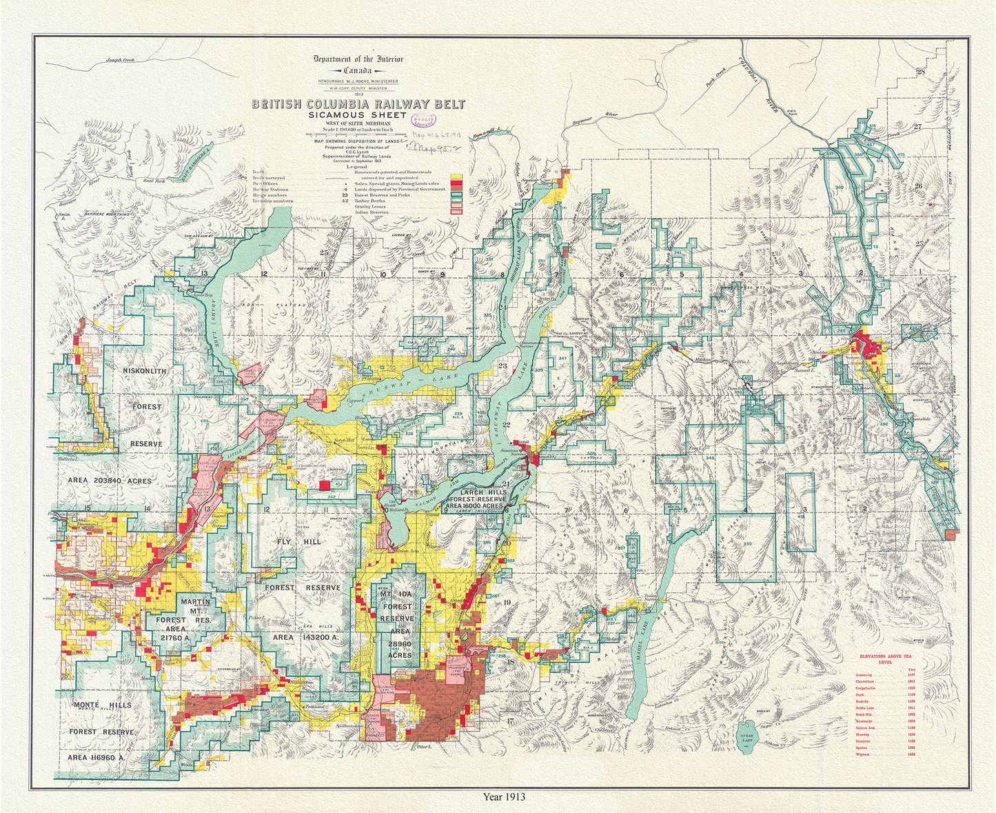 North and West Canada: British Columbia railway belt Sicamous sheet, west of sixth meridan map showing the disposition of lands, 1913 - The Map Chest