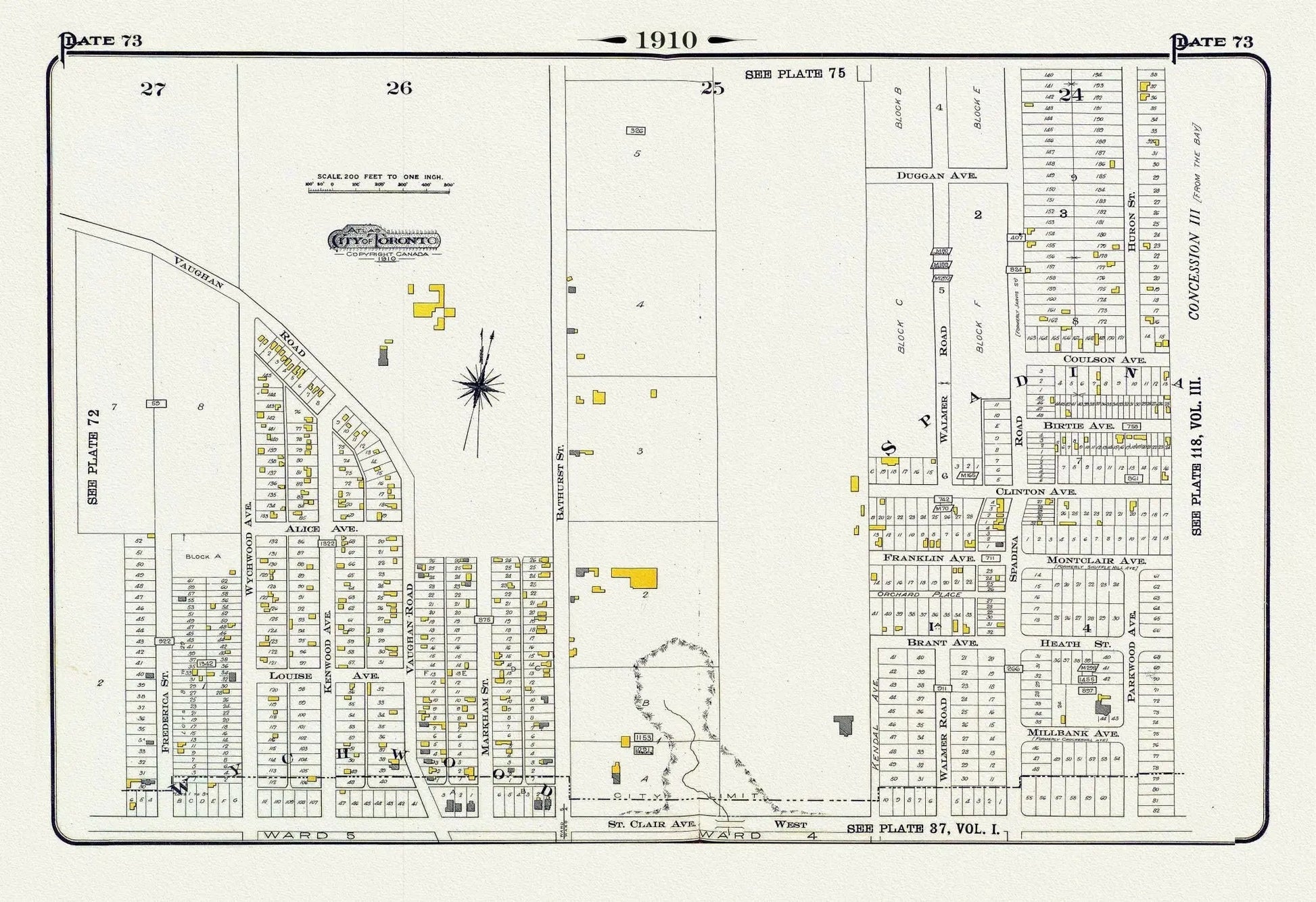Plate 73, Toronto Uptown West, Wychwood North, 1910, map on heavy cotton canvas, 20 x 30" approx. - The Map Chest