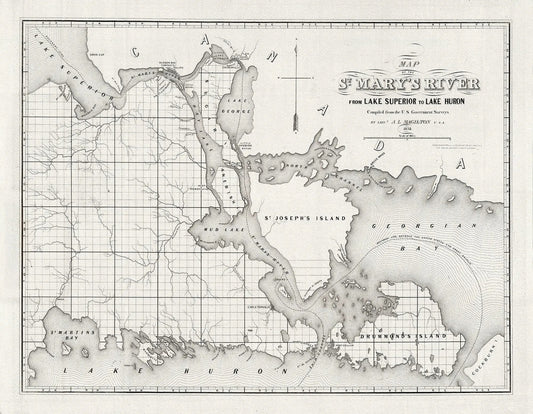 St. Mary's River From Lake Superior To Lake Huron, Ontario, Map on heavy Cotton Canvas, 1855, 22x27" approx. - The Map Chest