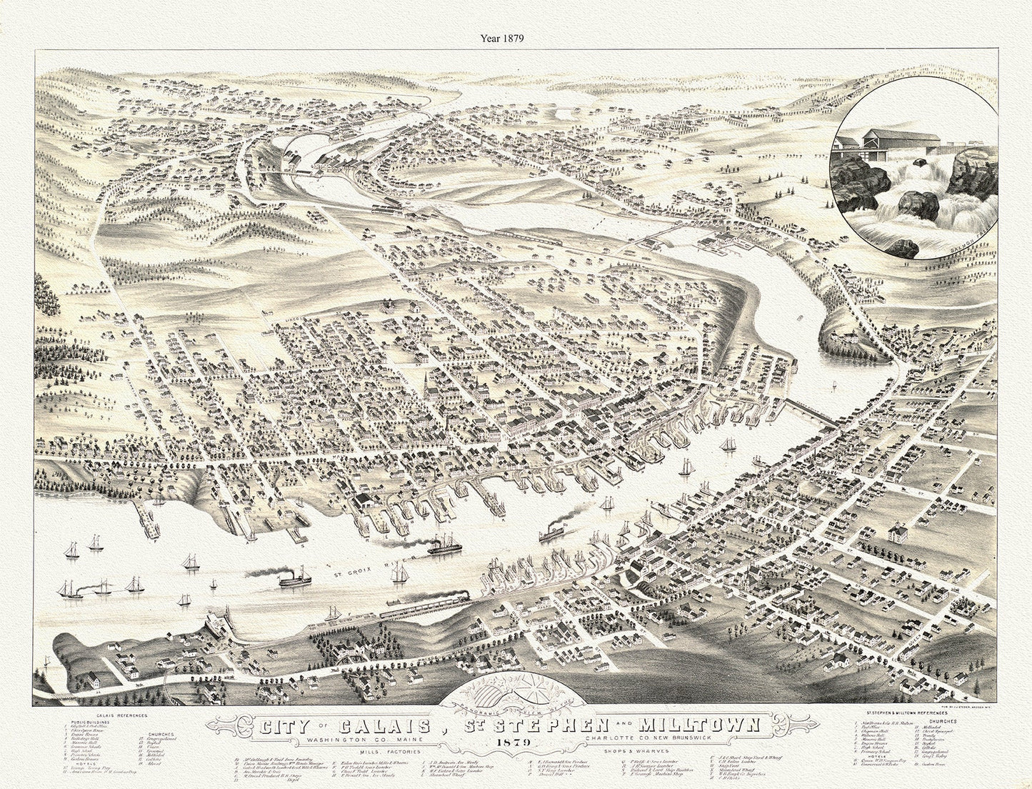 St. Stephen and Milltown, New Brunswick ,mills, factories, shops, & wharves,1879 - The Map Chest
