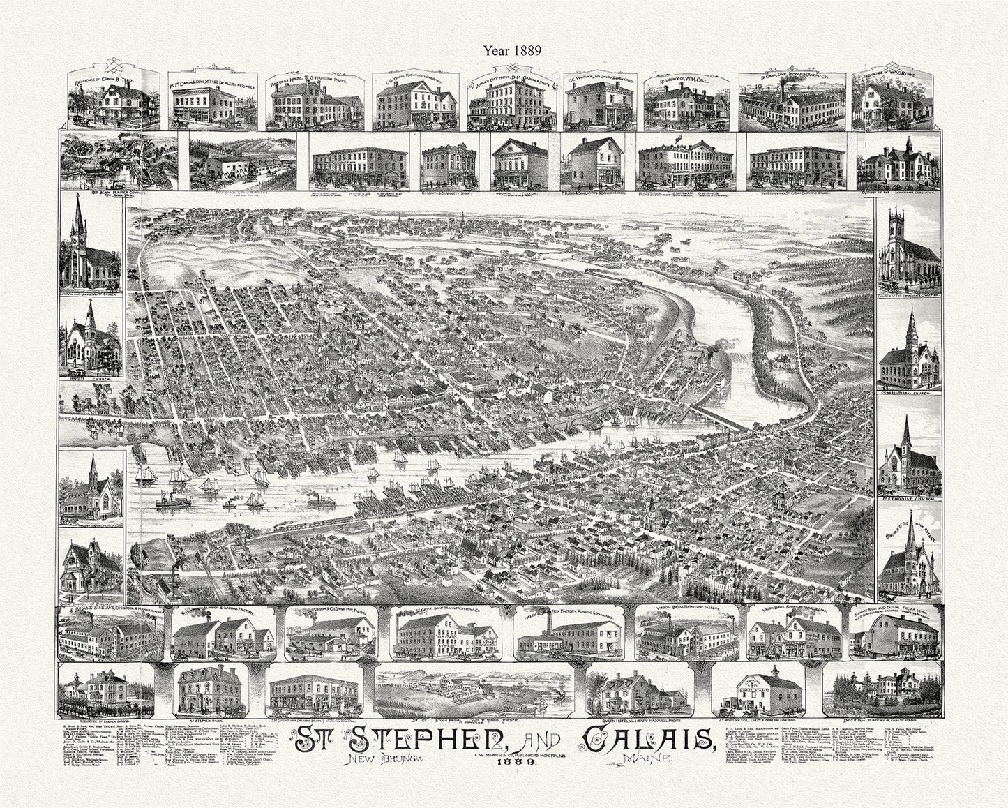 St. Stephen, New Brunswick and Calais, Maine, A Birdseye View, 1889 - The Map Chest