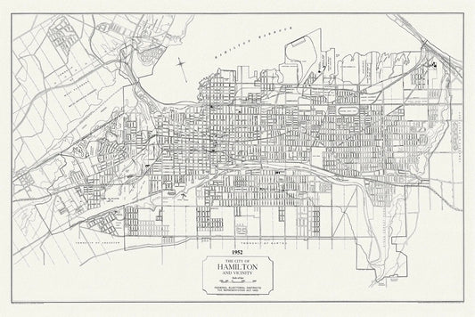 The City of Hamilton and Vicinity, federal electoral districts, The Representation Act, 1952 , map on heavy cotton canvas, 20 x 25" approx. - The Map Chest