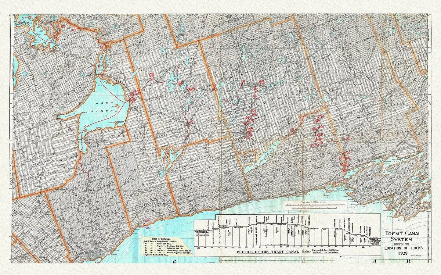 Trent Canal System Showing Location of Locks in 1929, map on heavy cotton canvas, 45 x 65 cm, 18 x 24" approx. - The Map Chest