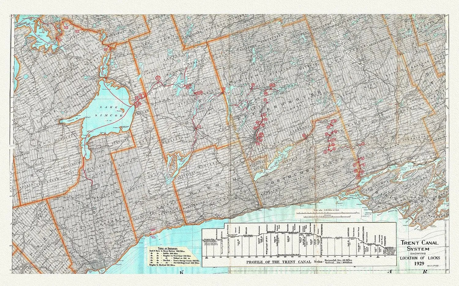 Trent Canal System Showing Location of Locks in 1929, map on heavy cotton canvas, 45 x 65 cm, 18 x 24" approx. - The Map Chest
