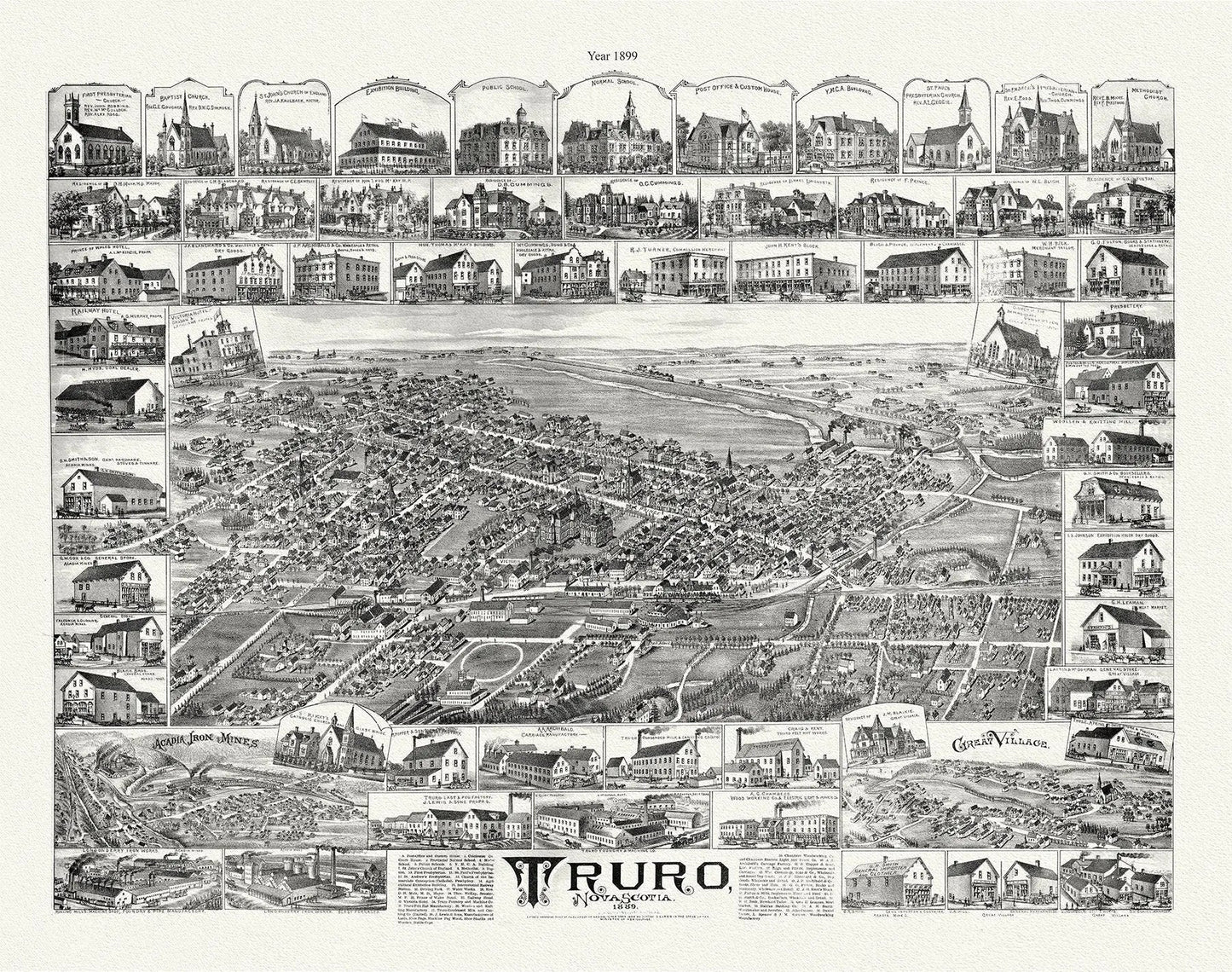 Truro, Nova Scotia, A Birdseye View, 1889 , vintage print on canvas, 50 x 70 cm, 20 x 25" approx. - The Map Chest
