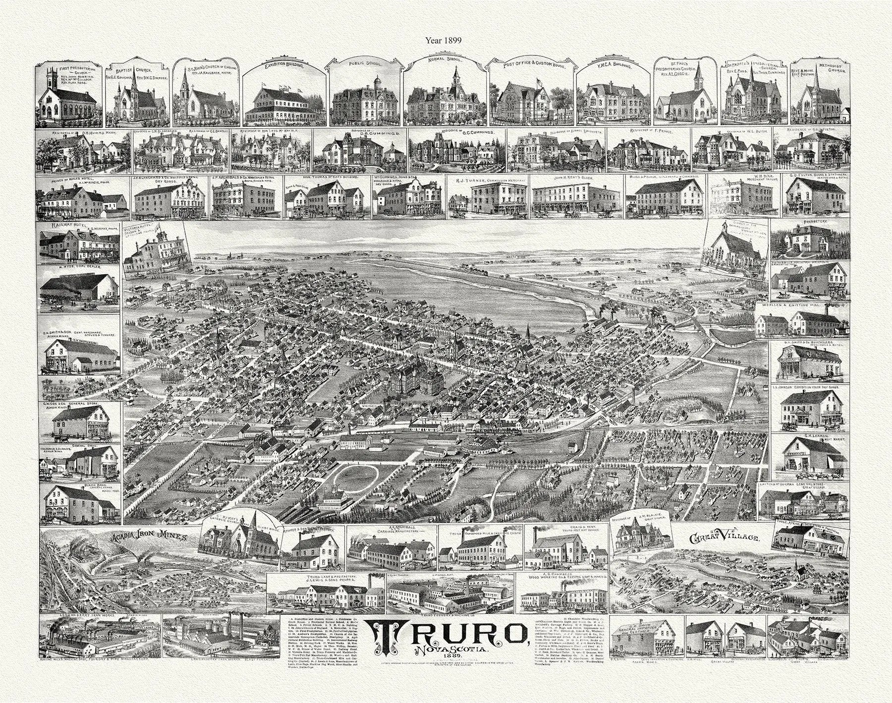 Truro, Nova Scotia, A Birdseye View, 1889 , vintage print on canvas, 50 x 70 cm, 20 x 25" approx. - The Map Chest