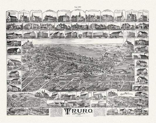 Truro, Nova Scotia, A Birdseye View, 1889 , vintage print on canvas, 50 x 70 cm, 20 x 25" approx. - The Map Chest
