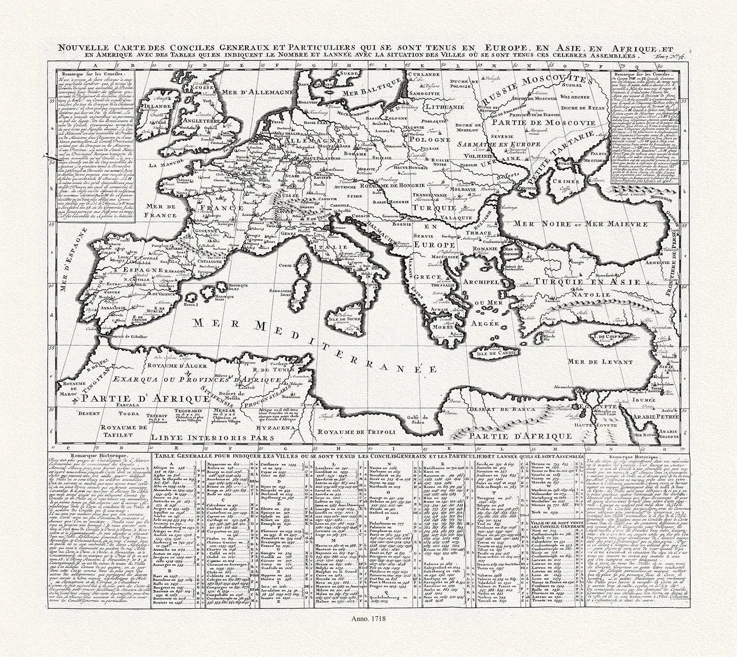 Un Nouvelle Carte des Conciles et Particuliers qui se sonr Tenus en Europe, en Asie, Afrique, 1718, on heavy cotton canvas 22x27approx. - The Map Chest