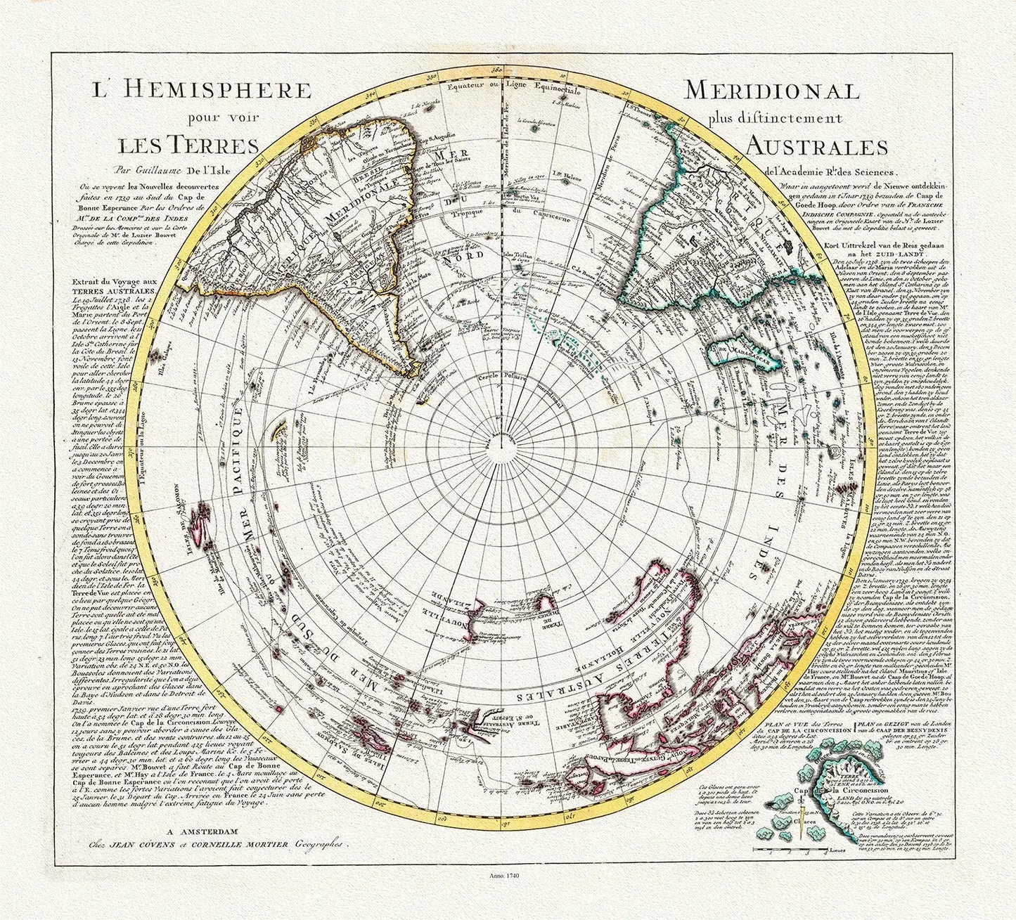 Visscher, Schenk, L'isle et Mortier, L' Hemisphere meridional pour voir plus distinctement les Terres Arctiques, 1740, on canvas, 22x27in - The Map Chest