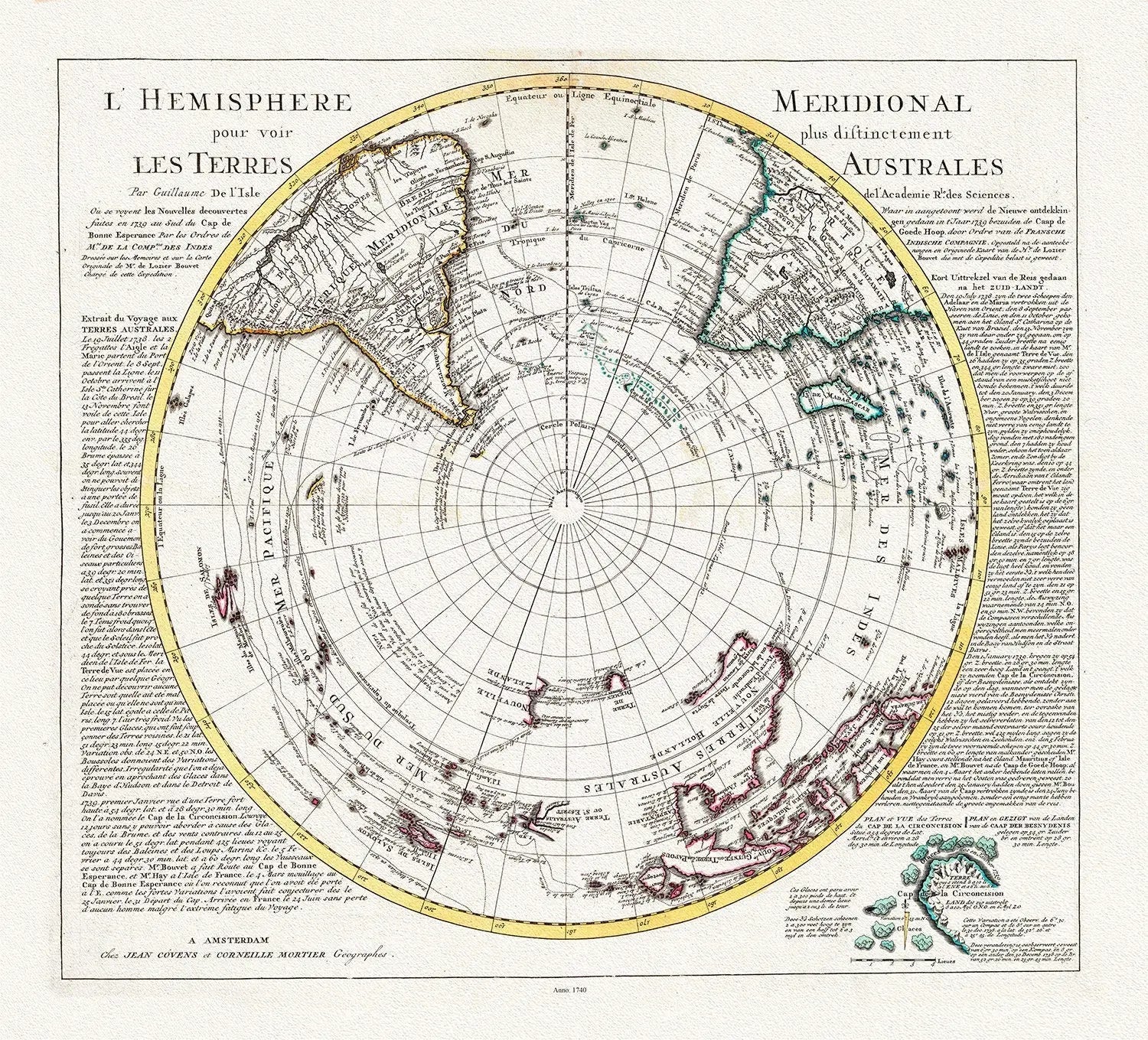 Visscher, Schenk, L'isle et Mortier, L' Hemisphere meridional pour voir plus distinctement les Terres Arctiques, 1740, on canvas, 22x27in - The Map Chest