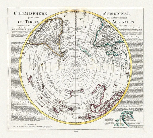 Visscher, Schenk, L'isle et Mortier, L' Hemisphere meridional pour voir plus distinctement les Terres Arctiques, 1740, on canvas, 22x27in - The Map Chest