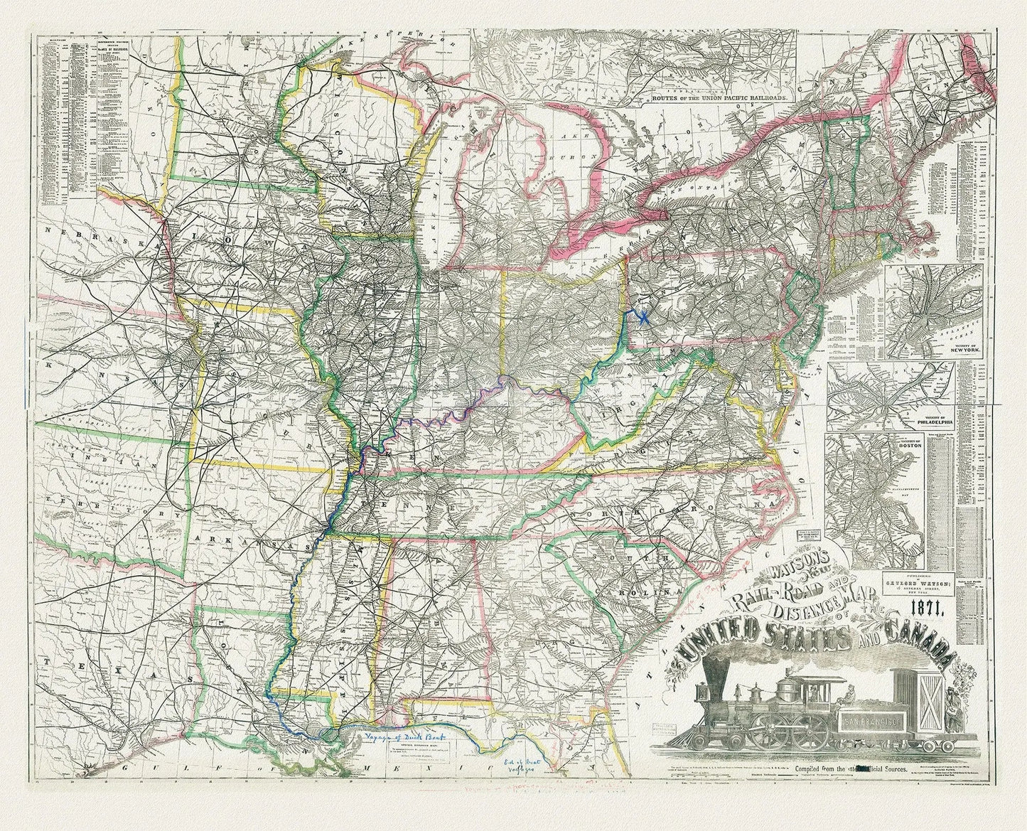 Watson's new rail - road and distance map of the United States and Canada, 1871, on heavy cotton canvas, 24x27" approx. - The Map Chest