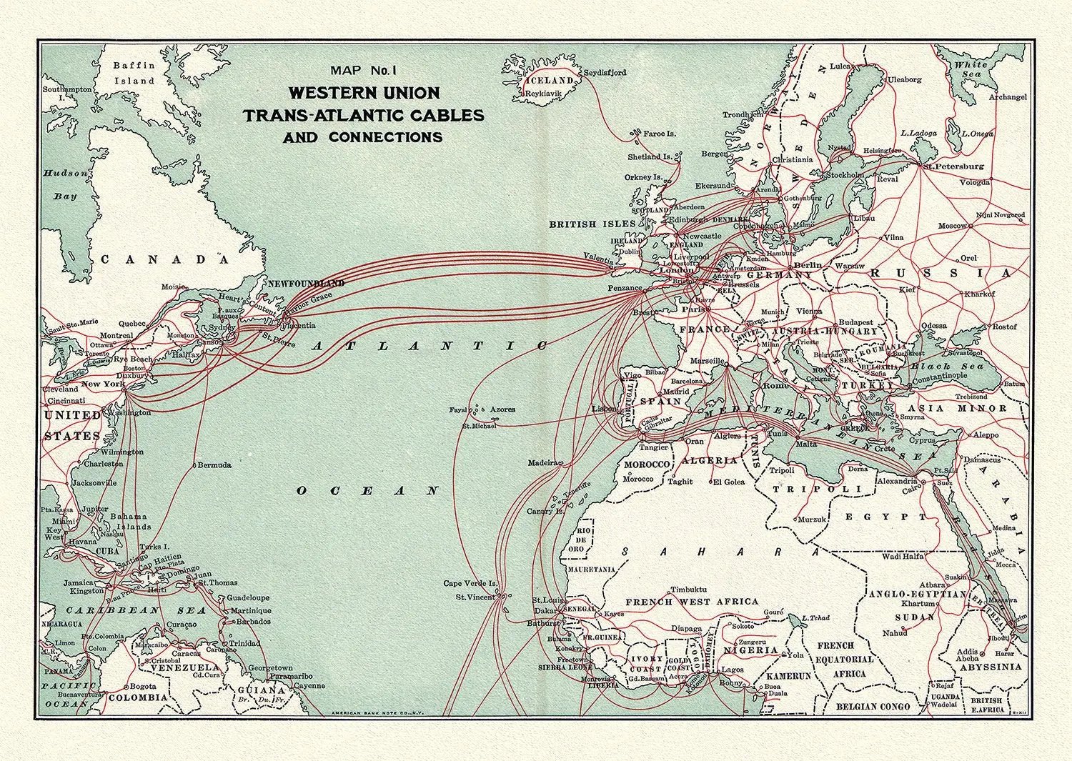 Western Union Trans - Atlantic cables, 1900, map on heavy cotton canvas, 50 x 70 cm (20x25") approx. - The Map Chest