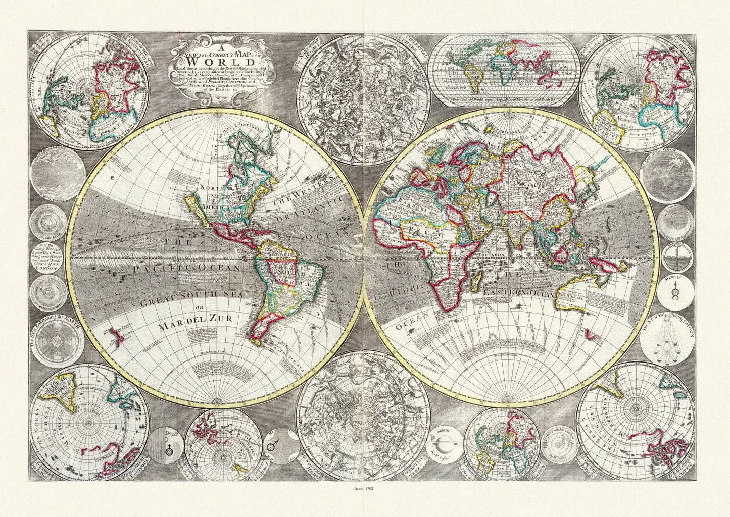 Willday, No. 1. A New and Correct Map of the World laid down according to the newest observations, 1702, Map on heavy cotton canvas, 22x27in - The Map Chest