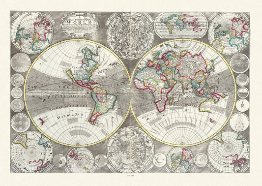 Willday, No. 1. A New and Correct Map of the World laid down according to the newest observations, 1702, Map on heavy cotton canvas, 22x27in - The Map Chest