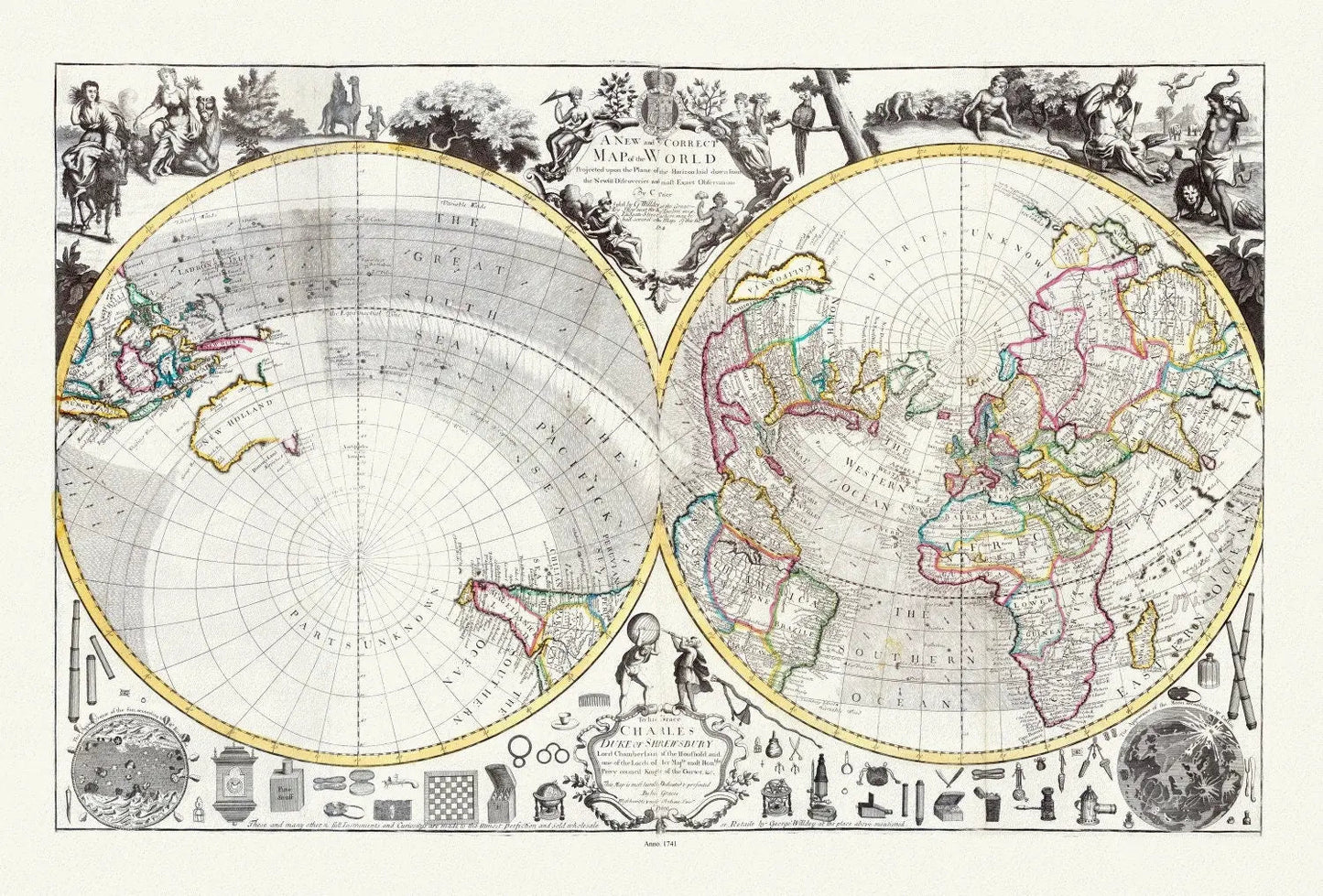 Willdey, No. 2. A New and Correct Map of the World Projected upon the Plane of the Horizon, 1714, Map on heavy cotton canvas, 22x27in. - The Map Chest