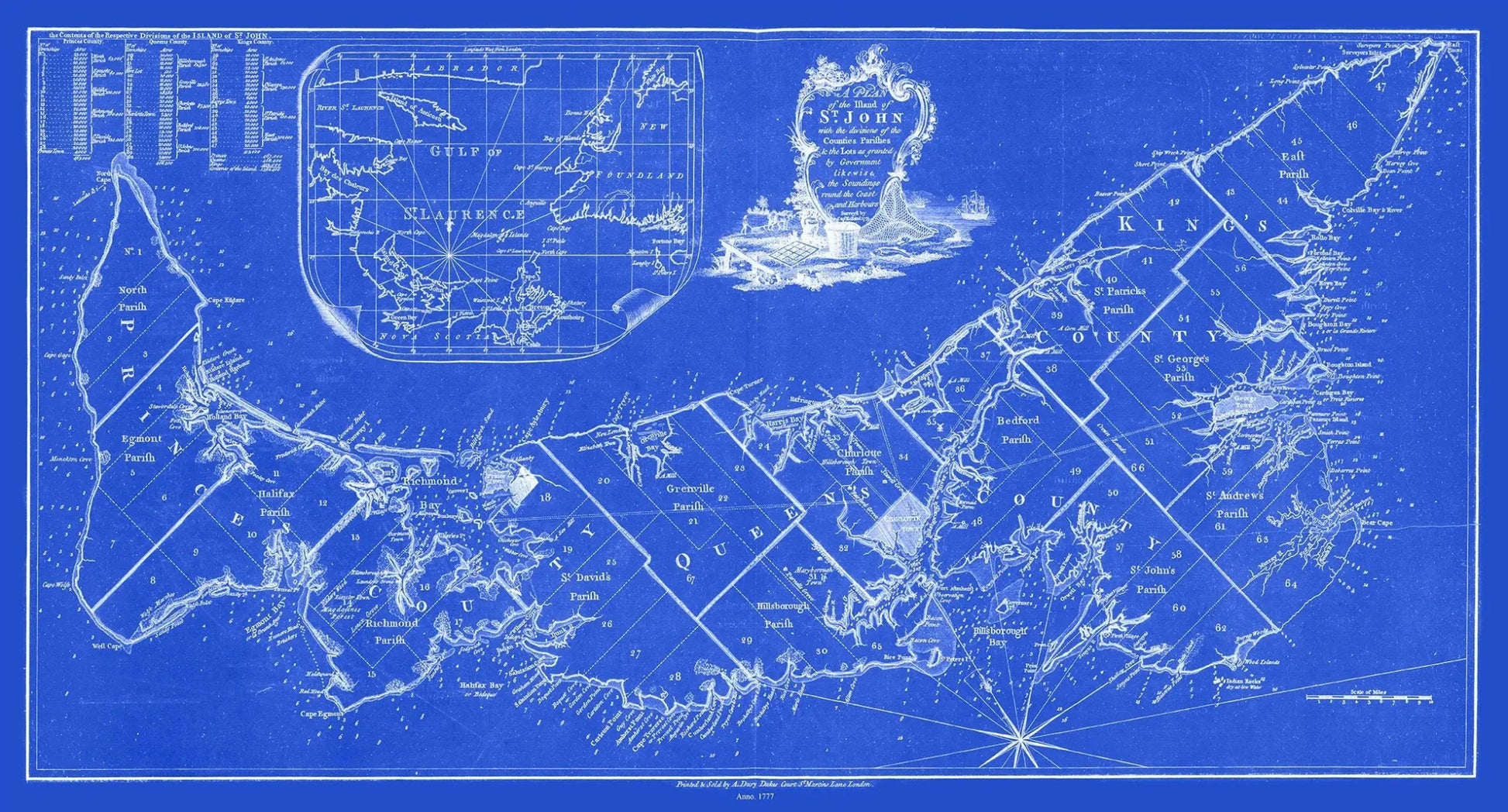 William Faden, A Plan of the island of St. John, 1777 Cyanotype, map on durable cotton canvas, 50 x 70 cm, 20 x 25" approx. - The Map Chest
