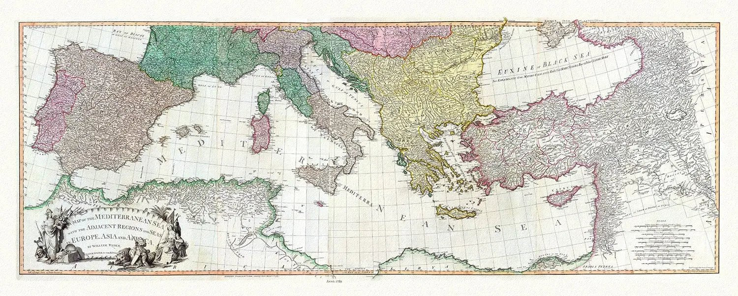 William Faden, Mediterranean, 1785, map on heavy cotton canvas, 22x27" approx. - The Map Chest