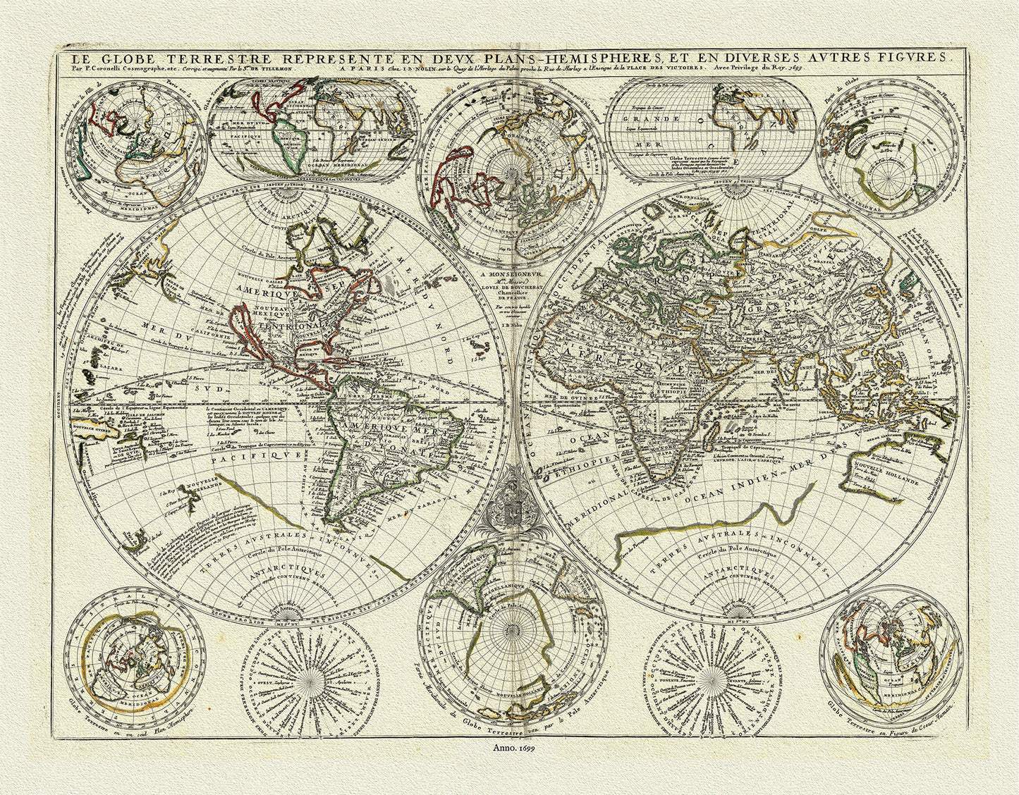 World Map: Le Globe Terrestre represente en deux plans - hemispheres, 1699, Nolin et al. auths. - The Map Chest
