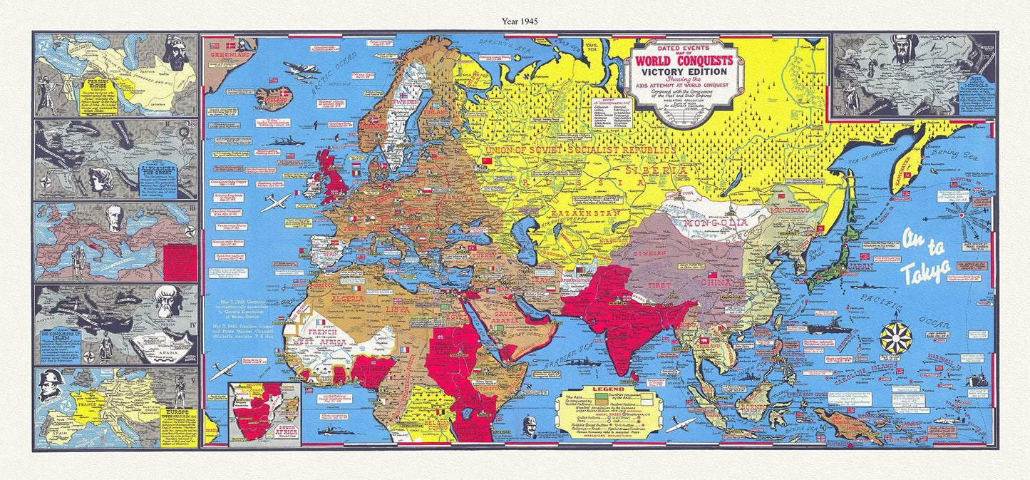 WW II, Dated events map of world conquests, 1945, S. Turner auth., map on durable cotton canvas, 50 x 100 cm, 20 x 36" approx. - The Map Chest
