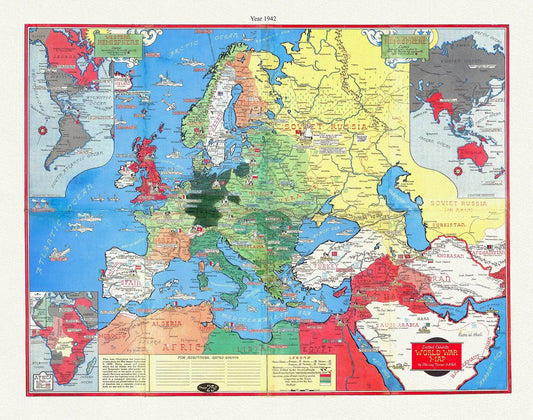 WW II Map, Dated Events 1942, Stanley Turner auth., map on durable cotton canvas, 50 x 70 cm, 20 x 25" approx. - The Map Chest