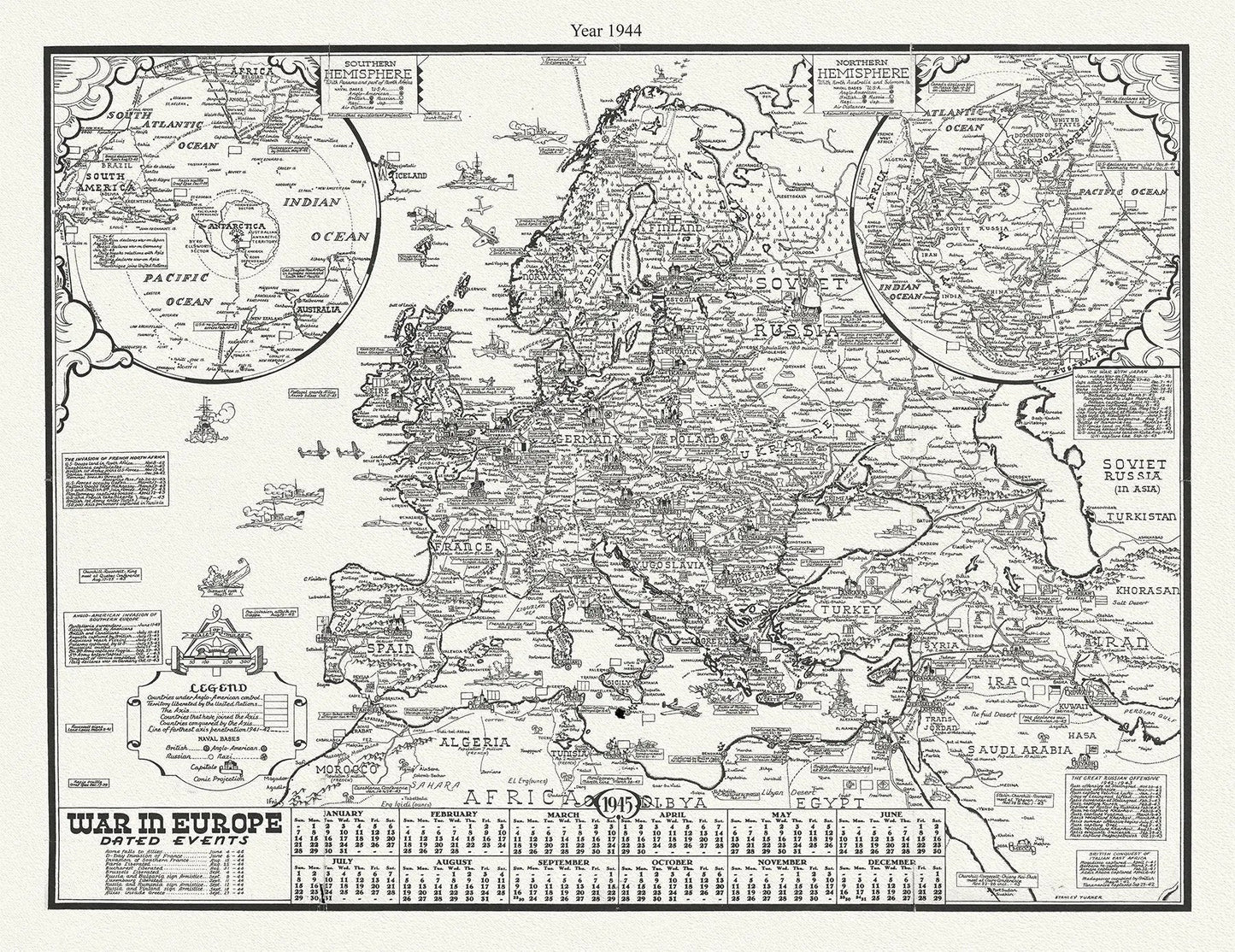 WW II, War In Europe, Dated Events 1944, S.Turner auth., map on durable cotton canvas, 50 x 70 cm, 20 x 25" approx. - The Map Chest
