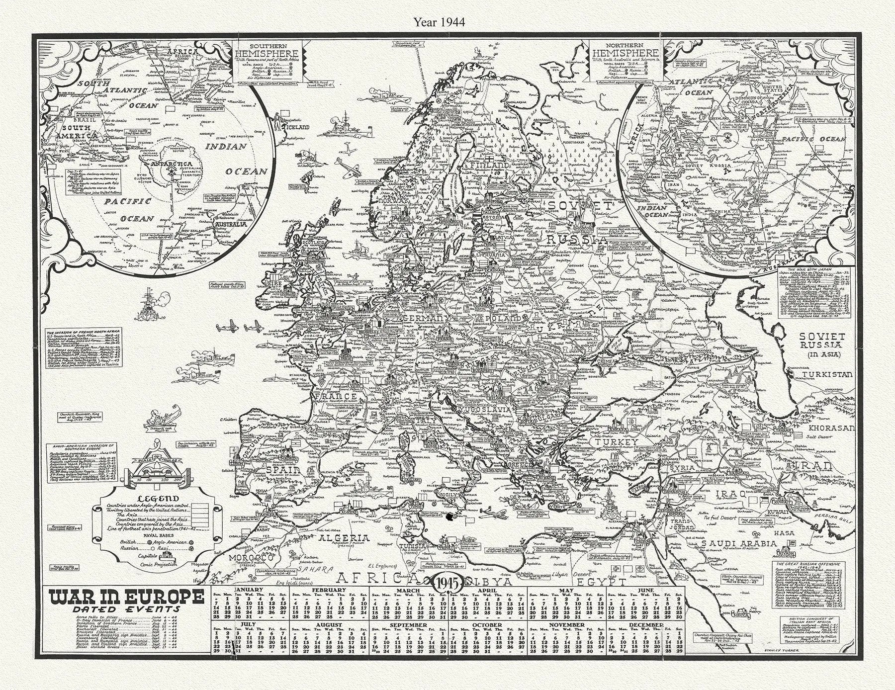 WW II, War In Europe, Dated Events 1944, S.Turner auth., map on durable cotton canvas, 50 x 70 cm, 20 x 25" approx. - The Map Chest