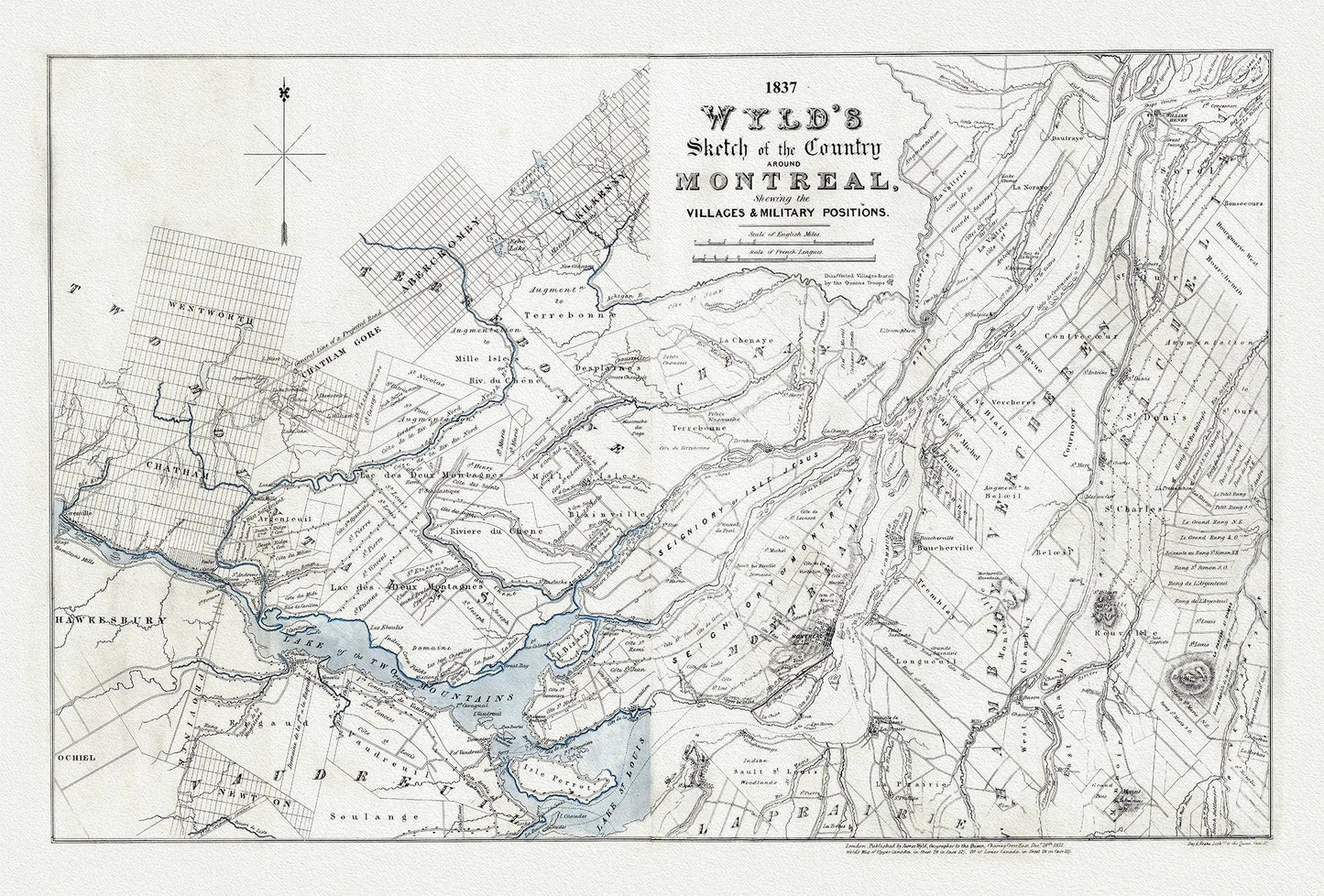 Wyld, A Sketch Map of the Country Around Montreal, 1837, , map on heavy cotton canvas, 20x27" approx - The Map Chest