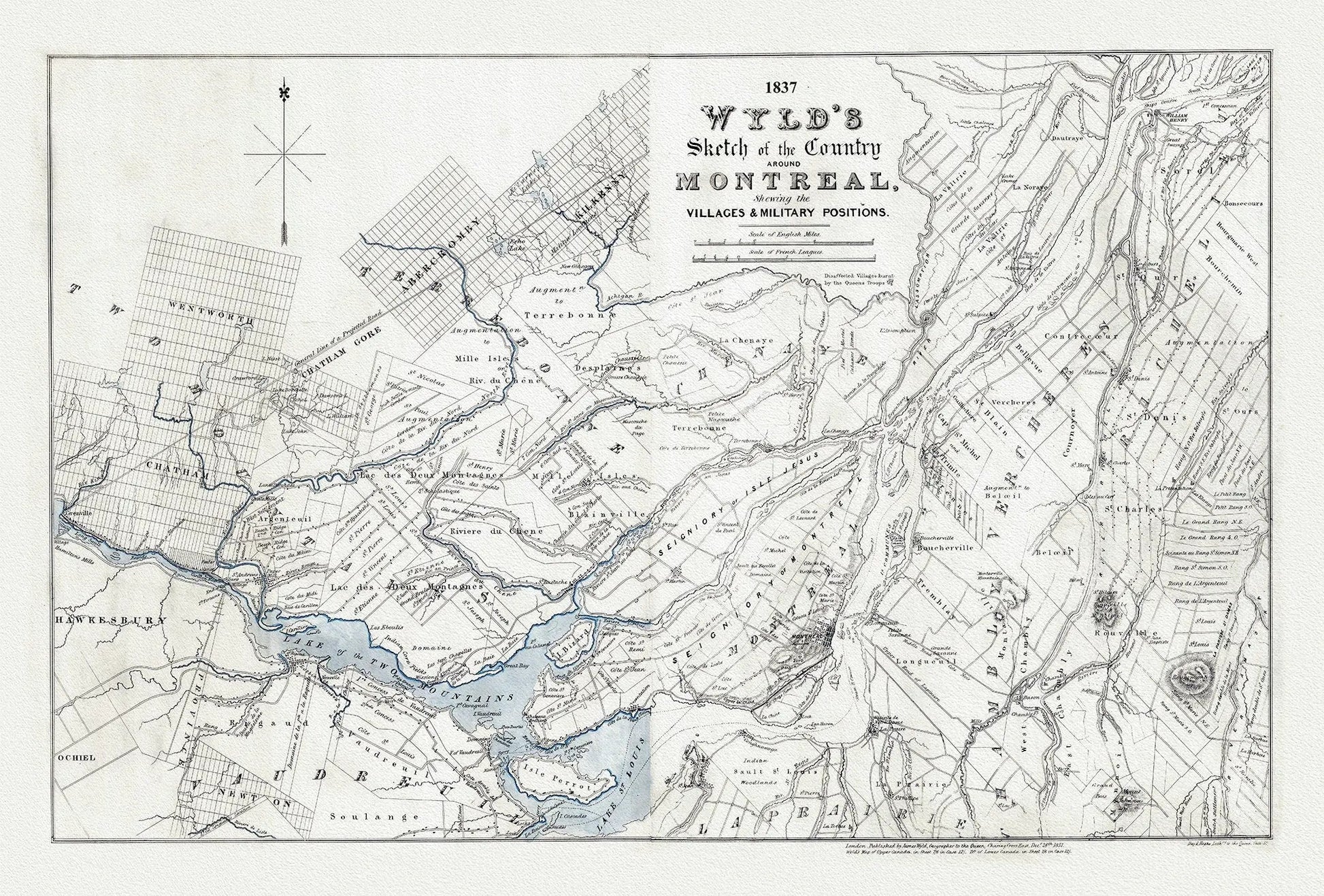 Wyld, A Sketch Map of the Country Around Montreal, 1837, , map on heavy cotton canvas, 20x27" approx - The Map Chest