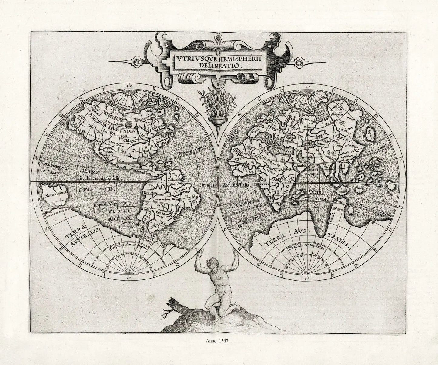 Wytfliet et Magini, Utriusque hemispherii delineatio, 1597, Map on heavy cotton canvas, 22x27in. approx. - The Map Chest