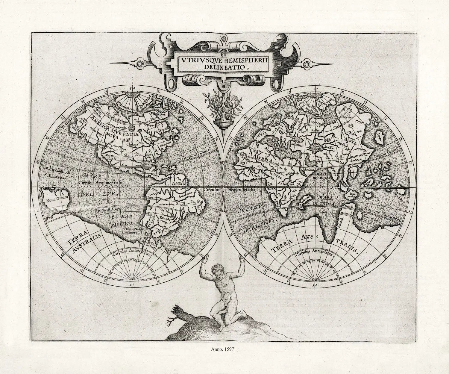 Wytfliet et Magini, Utriusque hemispherii delineatio, 1597, Map on heavy cotton canvas, 22x27in. approx. - The Map Chest