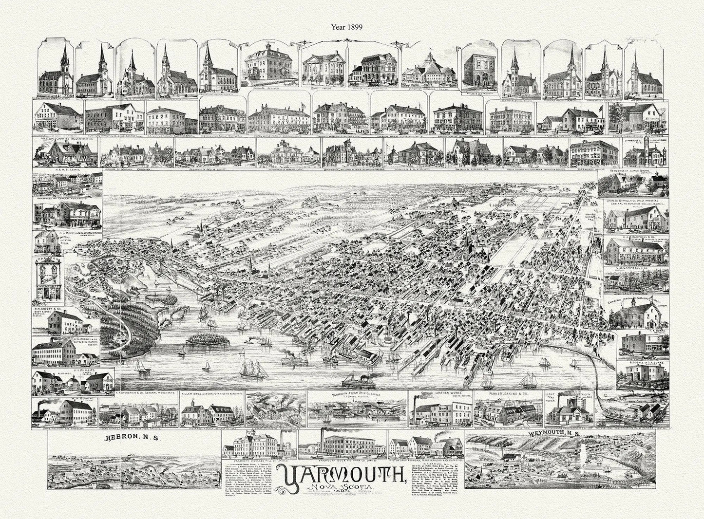 Yarmouth, Nova Scotia, A Bird's Eye View, 1889 , map on durable cotton canvas, 50 x 70 cm, 20 x 25" approx. - The Map Chest