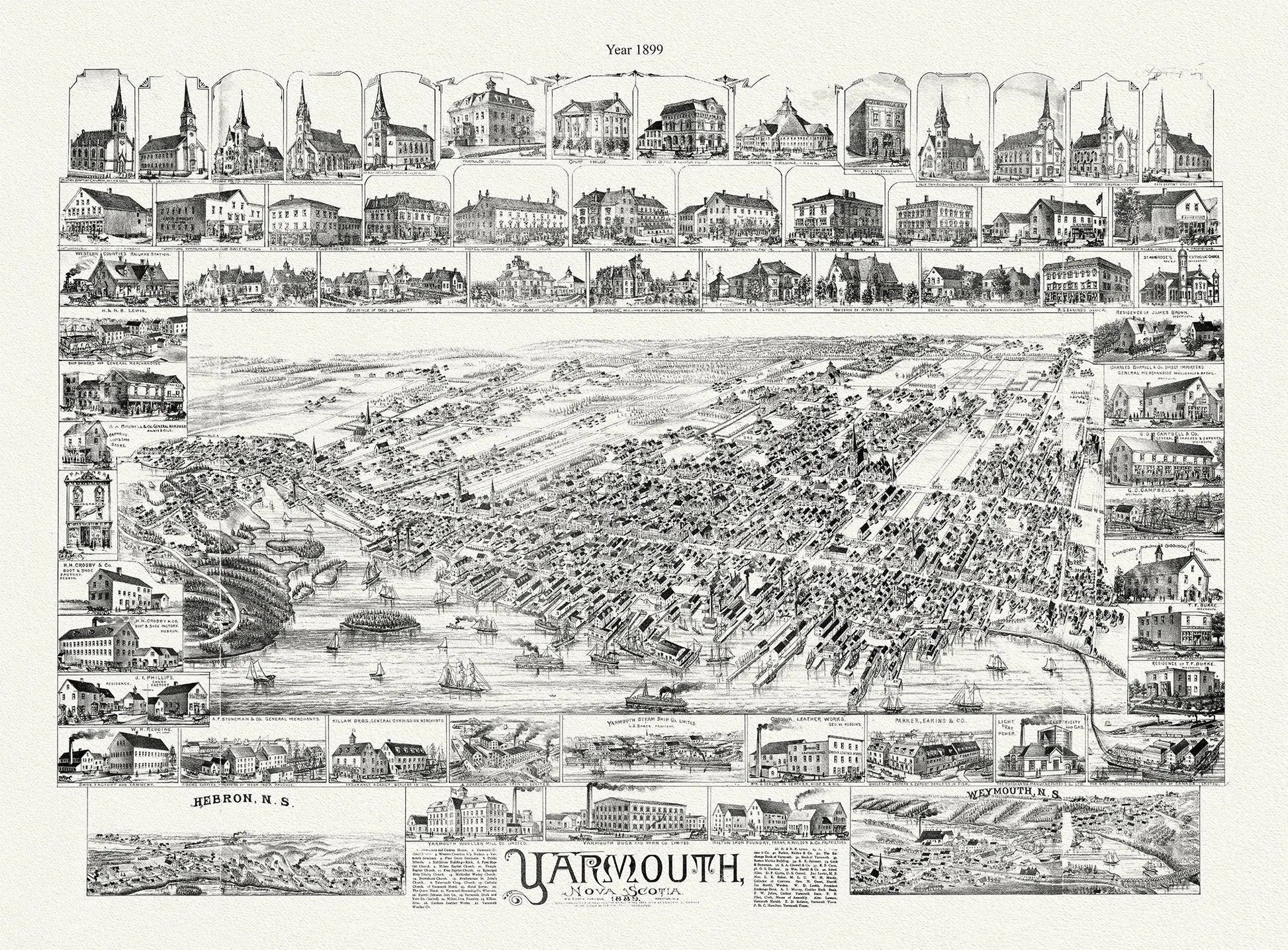 Yarmouth, Nova Scotia, A Bird's Eye View, 1889 , map on durable cotton canvas, 50 x 70 cm, 20 x 25" approx. - The Map Chest