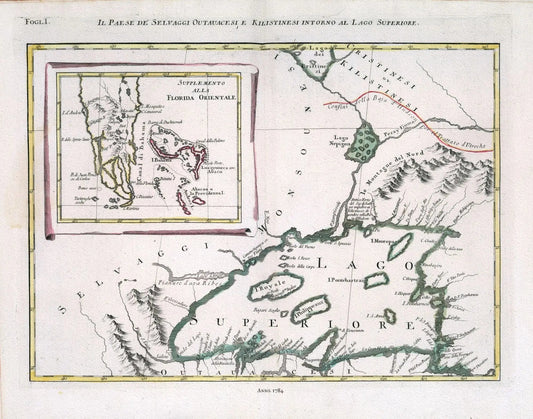 Zatta, Il Paese de' Selvaggi Outauacesi, e Kilistinesi Intorno al Lago Superiore, 1784 , map on heavy cotton canvas, 50x70cm approx. - The Map Chest