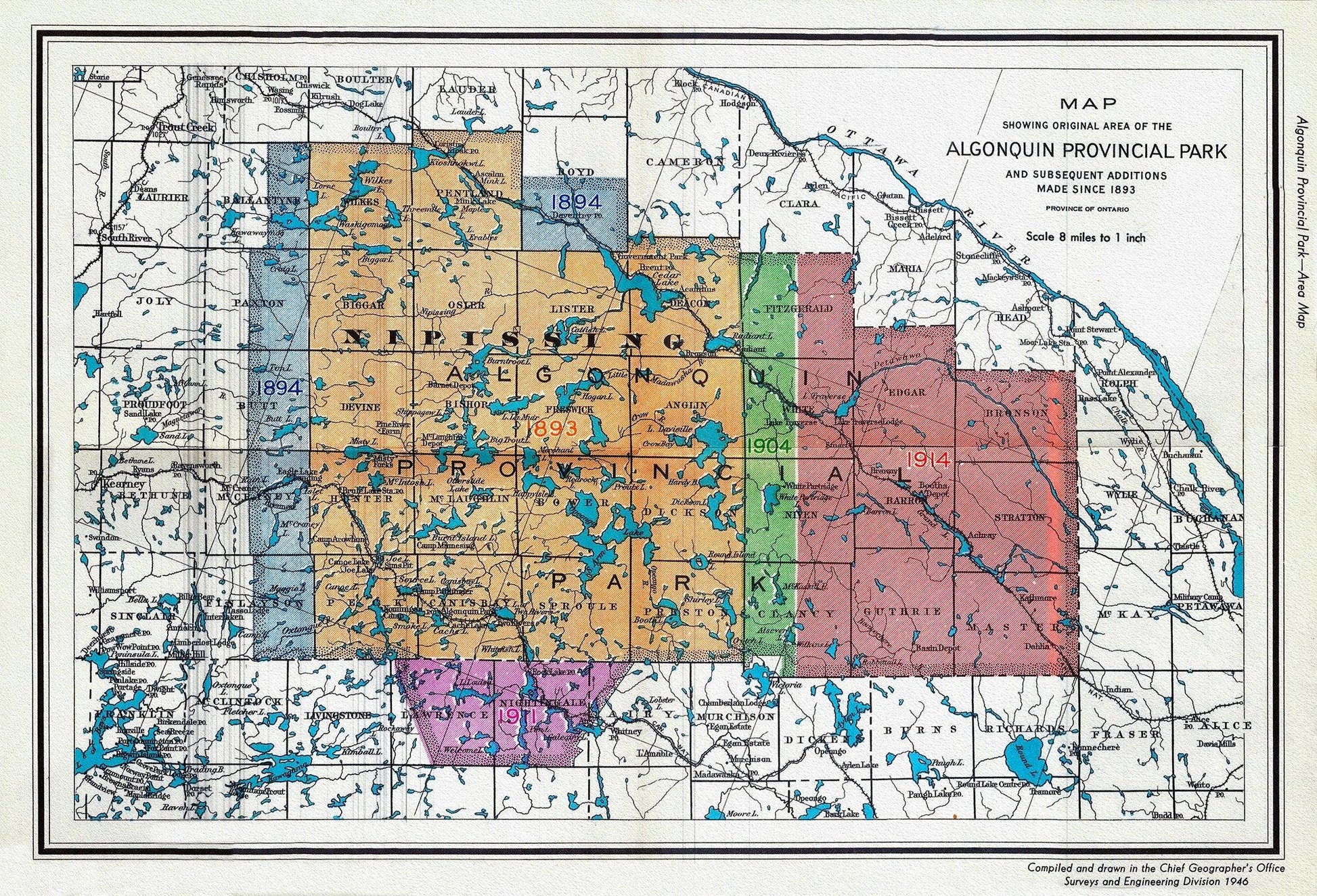 1946 Map of Algonquin Park, Showing Subsequent Additions since 1893, map on heavy cotton canvas, 22x27" approx. - The Map Chest