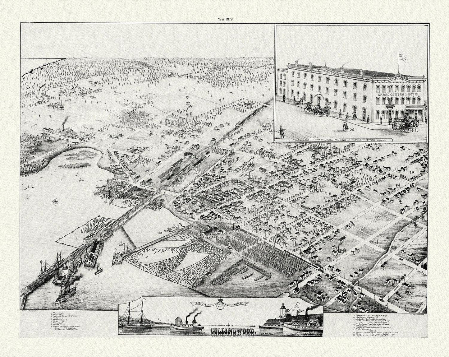 A Bird's eye view of Collingwood, Ontario, Brosius auth., 1879, map on durable cotton canvas, 50 x 70 cm or 20x25" approx. - The Map Chest
