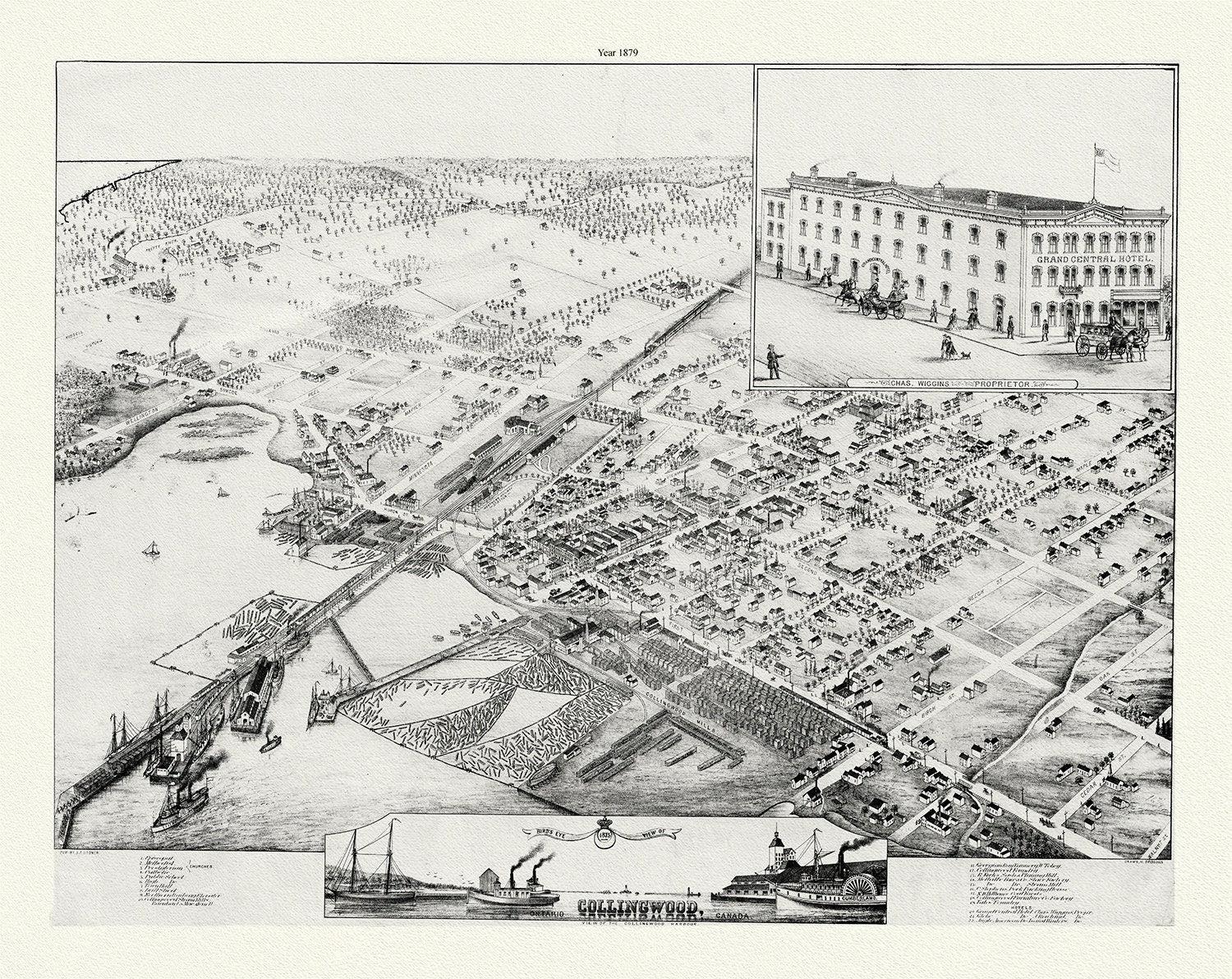 A Bird's eye view of Collingwood, Ontario, Brosius auth., 1879, map on durable cotton canvas, 50 x 70 cm or 20x25" approx. - The Map Chest