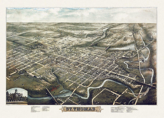 A Birds eye View of St. Thomas, Ontario, 1896, on heavy cotton canvas, 22x27" approx. - The Map Chest